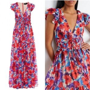PatBO Violet V Neck Flutter Sleeve Maxi Dress in Size 0 NWT Cherry Maxi Ties New